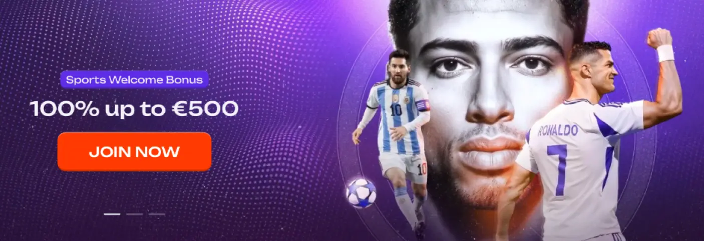 Banner “Sports Welcome Bonus” met aanbieding 100% tot €500 en knop Join Now, op paarse achtergrond met voetballers en een voetbal